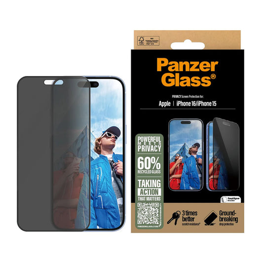 Beskyttelsesfolie Skjerm Privacy PanzerGlass Ultra-Wide Fit EasyAligner for Apple iPhone 16 / 15, Herdet Glass, Full Lim