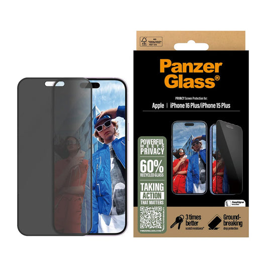Beskyttelsesfolie for skjerm Privacy PanzerGlass Ultra-Wide Fit EasyAligner for Apple iPhone 16 Plus / 15 Plus, Herdet glass, Full lim