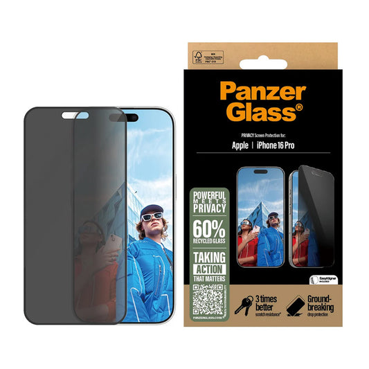 Beskyttelsesfolie Skjerm Privacy PanzerGlass Ultra-Wide Fit EasyAligner for Apple iPhone 16 Pro, Herdet Glass, Full Lim