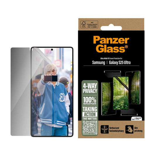 Beskyttelsesfolie Skjerm Privacy PanzerGlass Ultra-Wide Fit Eco Matrix 4-Way for Samsung Galaxy S25 Ultra S938, Herdet Glass, Full Lim