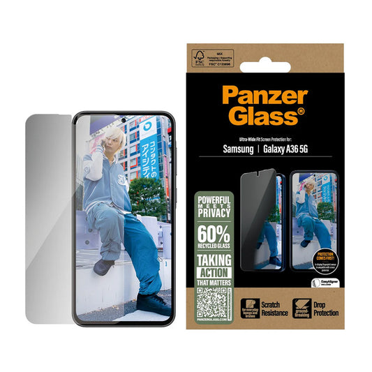 Beskyttelsesfolie Privacy PanzerGlass Ultra-Wide Fit for Samsung Galaxy A36 A366, Herdet Glass, Full Lim