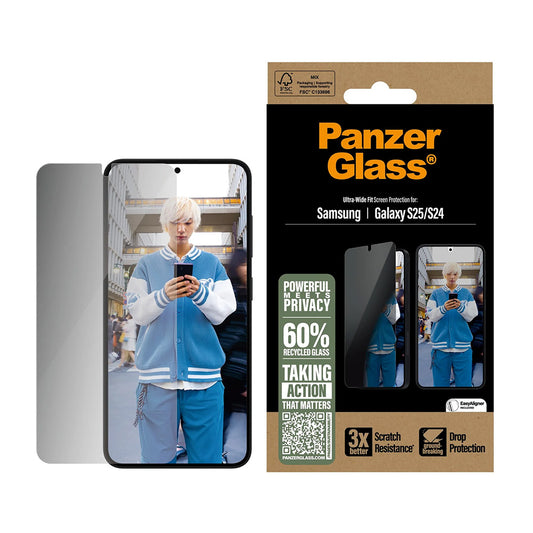 Beskyttelsesfolie Privacy PanzerGlass Ultra-Wide Fit for Samsung Galaxy S25 S931 / S24 S921, Herdet Glass, Full Lim