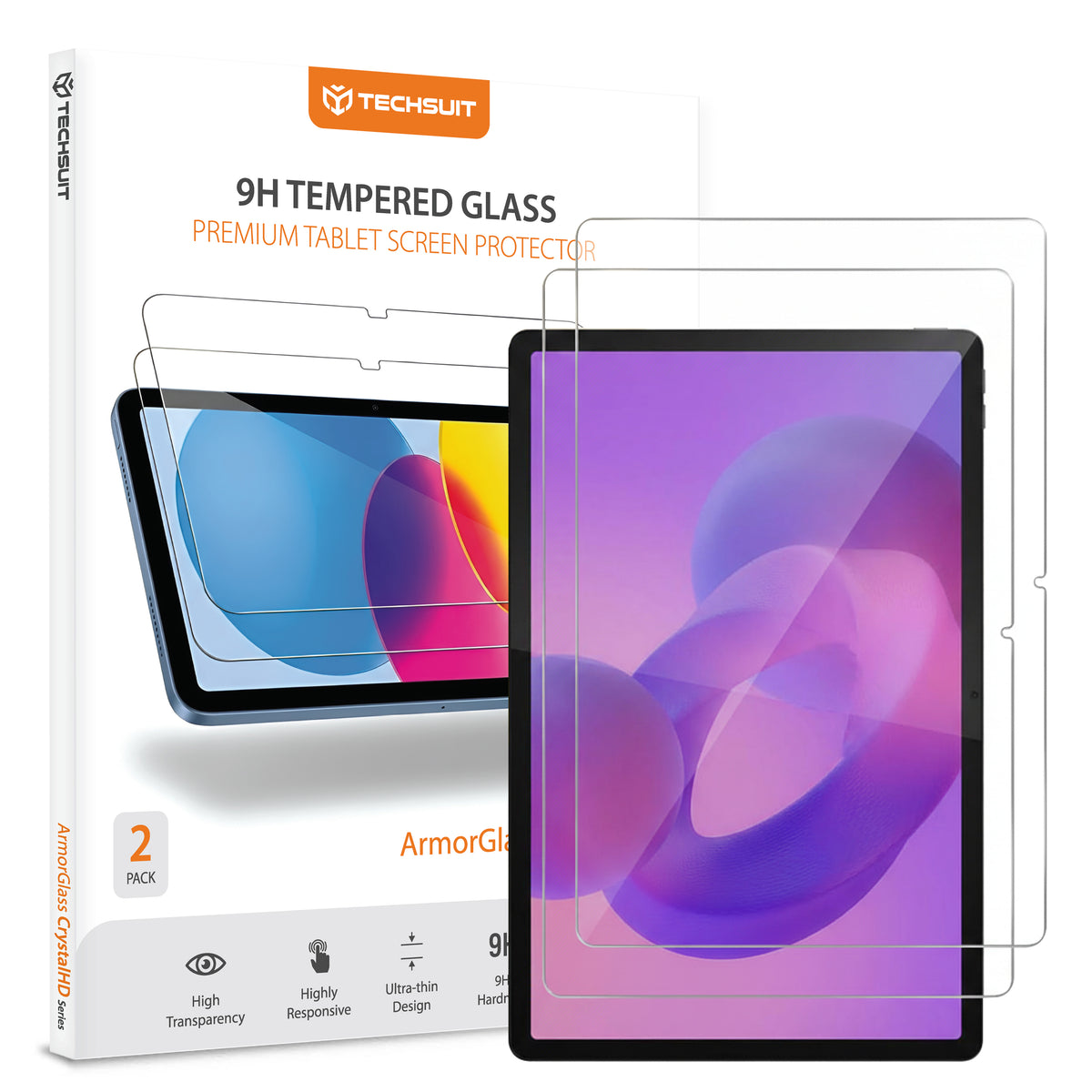 Skjermbeskyttelsesfolie Techsuit ArmorGlass CrystalHD for Lenovo Idea Tab Plus, Herdet Glass, Full Lim, Sett med 2 stykker