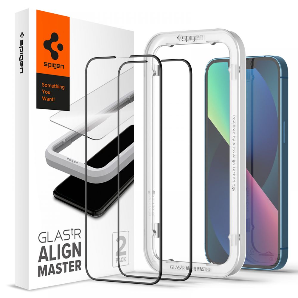 Skjermbeskytter Spigen GlastR Align Master for Apple iPhone 16e / 14, Herdet glass, Full lim, Sett med 2 stykker, Svart AGL03387