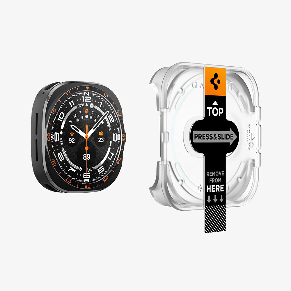 Spigen GlastR EZ FIT beskyttelsesfilm for Samsung Galaxy Watch Ultra2, herdet glass, sett med 2 stk AGL11758