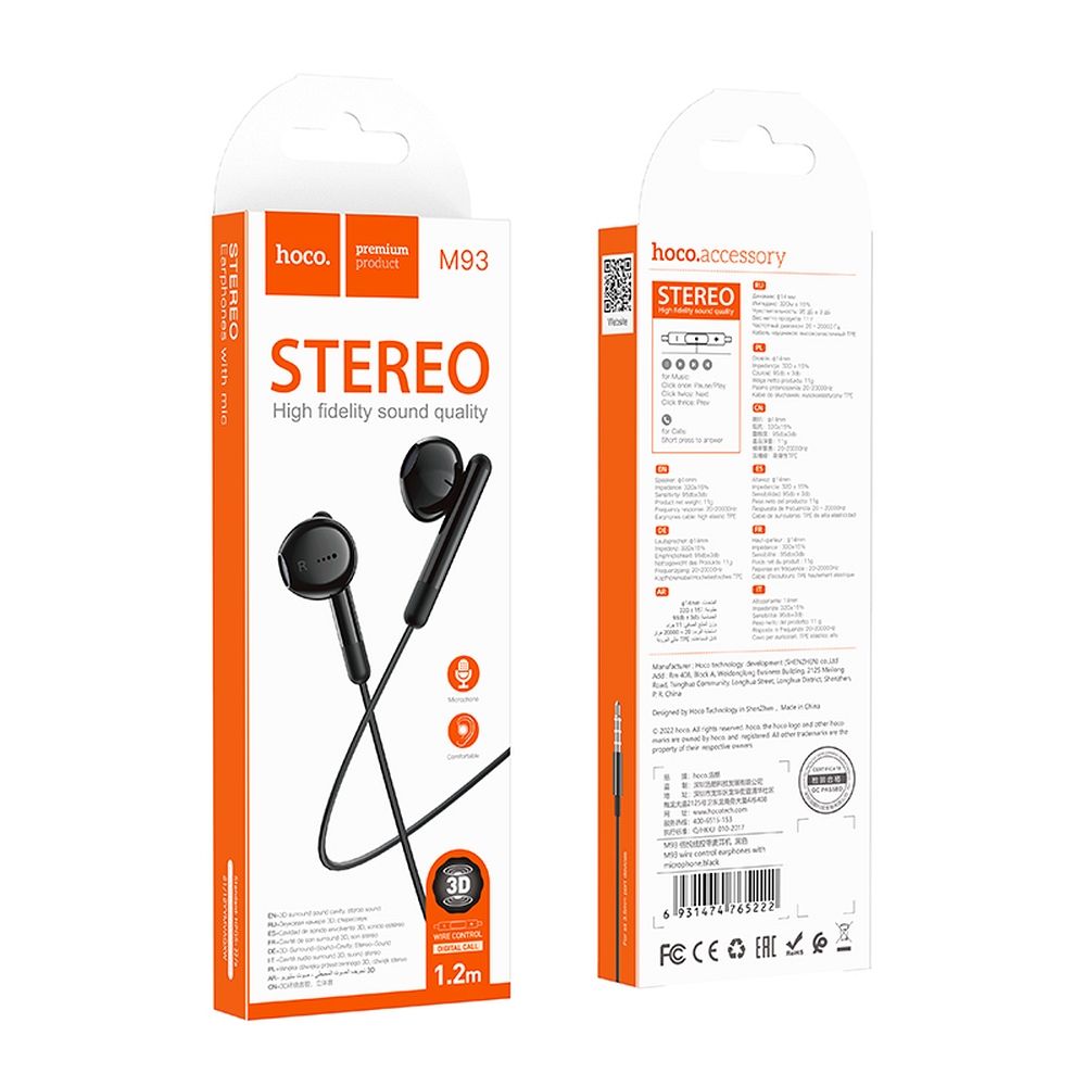 Handsfree 3.5mm HOCO M93, Svart