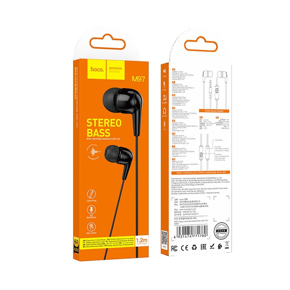 Handsfree 3.5mm HOCO M97, Svart