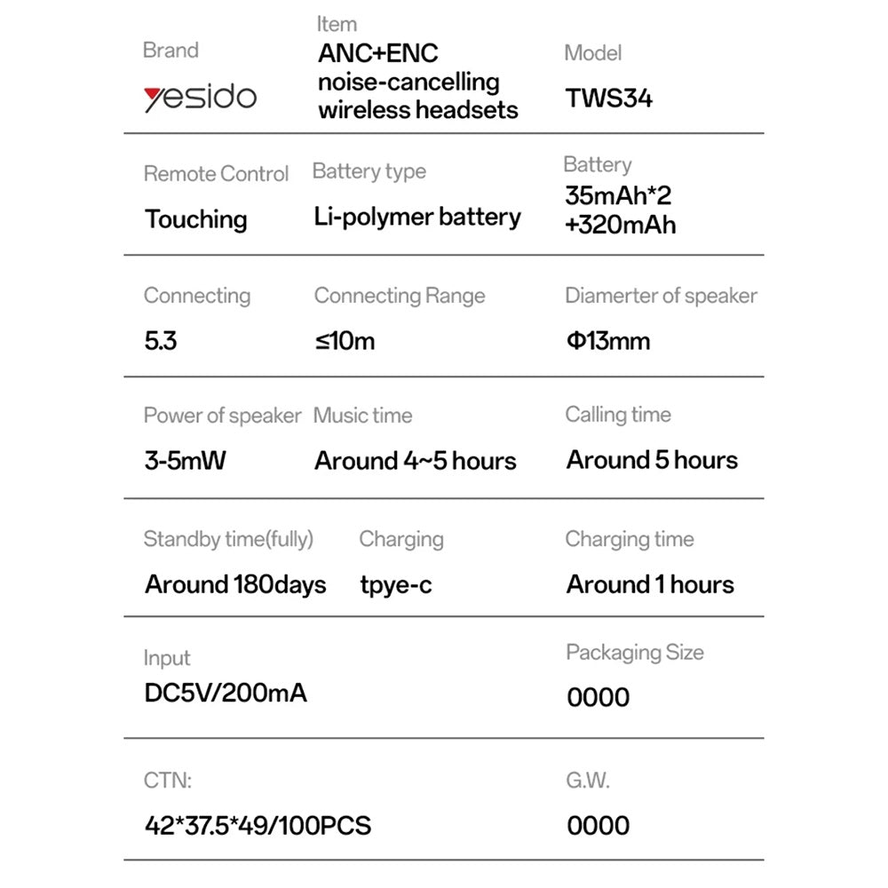 Handsfree Bluetooth Yesido TWS34, TWS, ANC, Hvit