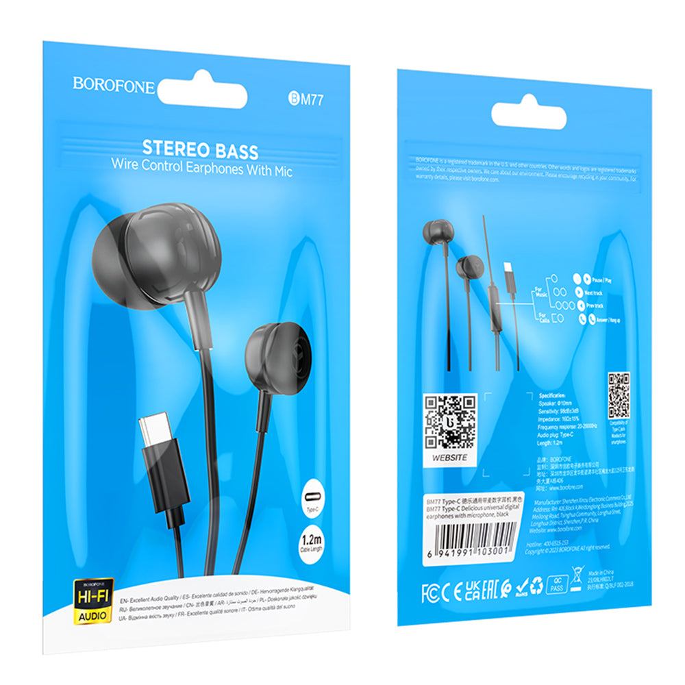 Handsfree USB-C Borofone BM77 Delicious, Svart