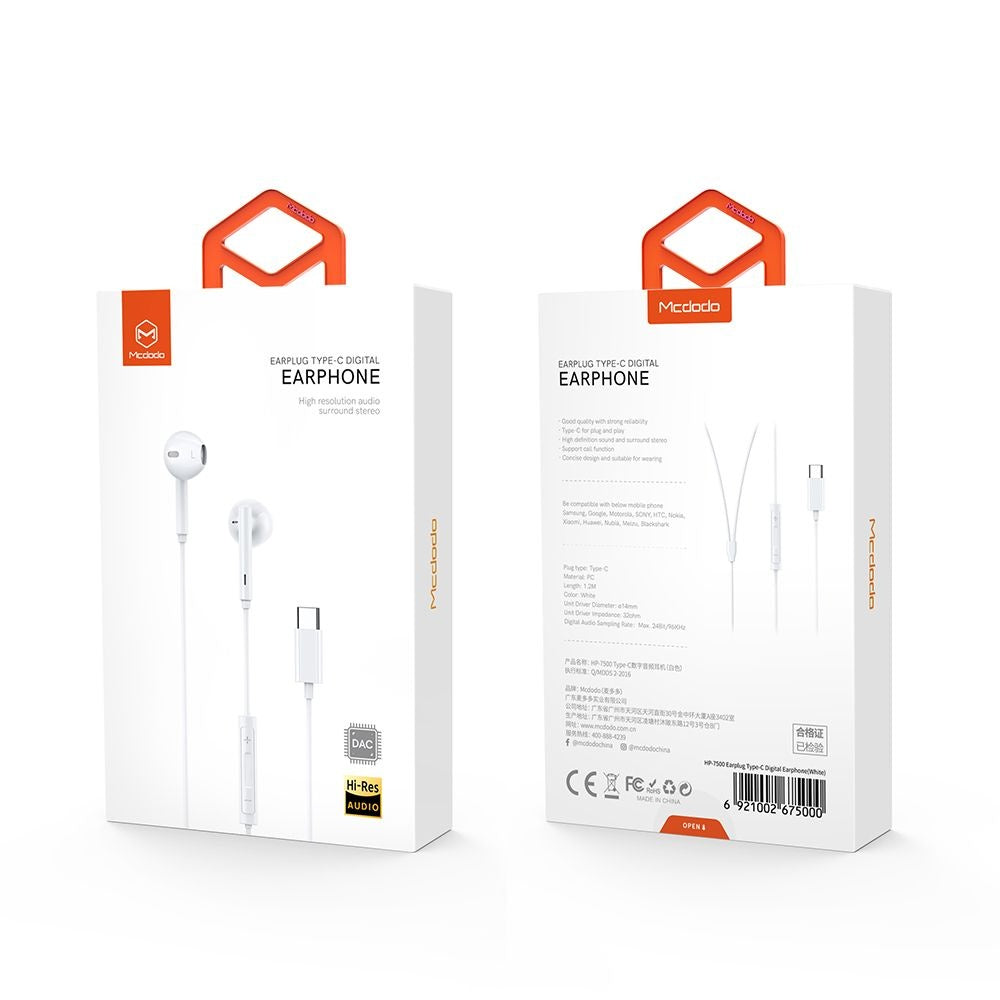 Handsfree USB-C McDodo HP-7500, Hvit