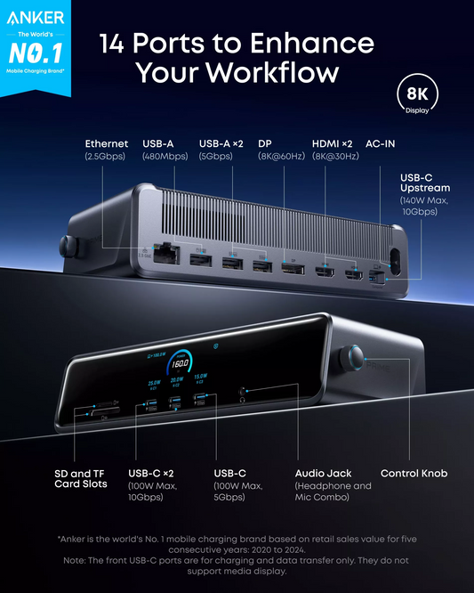 Anker Prime Multifunksjonell Hub, 3 x USB-A - 4 x USB-C - 1 x Display Port - 2 x HDMI - 1 x Jack 3,5 mm - 1 x RJ45 - 1 x SD - 1 x microSD, Grå A83B33A1