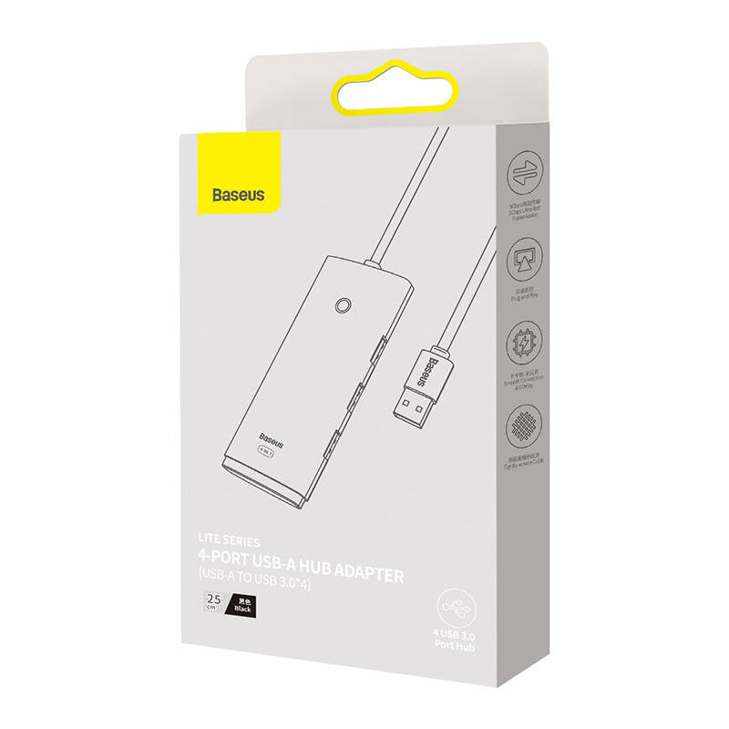 Baseus Lite USB-hub, 4 x USB-A 3.0 - 1 x USB-C, 0,25 m, svart WKQXX030001