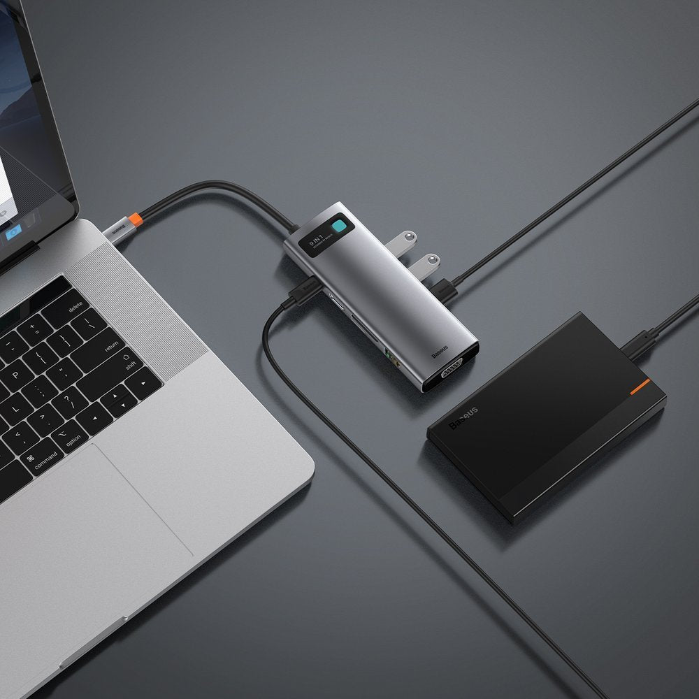 Hub USB-C Baseus, 3 x USB-A 3.0 - 1 x USB-C - 1 x HDMI - 1 x VGA - 1 x RJ45 - 1 x SD - 1 x microSD, Grå CAHUB-CU0G
