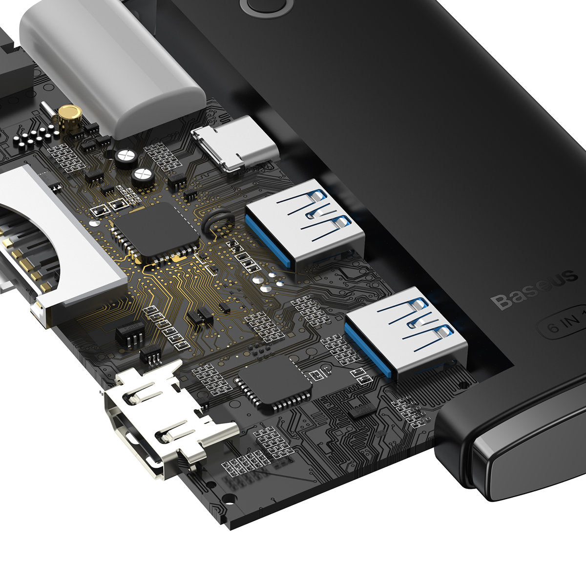 Hub USB-C Baseus, 2 x USB-A 3.0 - 1 x USB-C - 1 x HDMI - 1 x SD - 1 x microSD, Svart WKQX050001