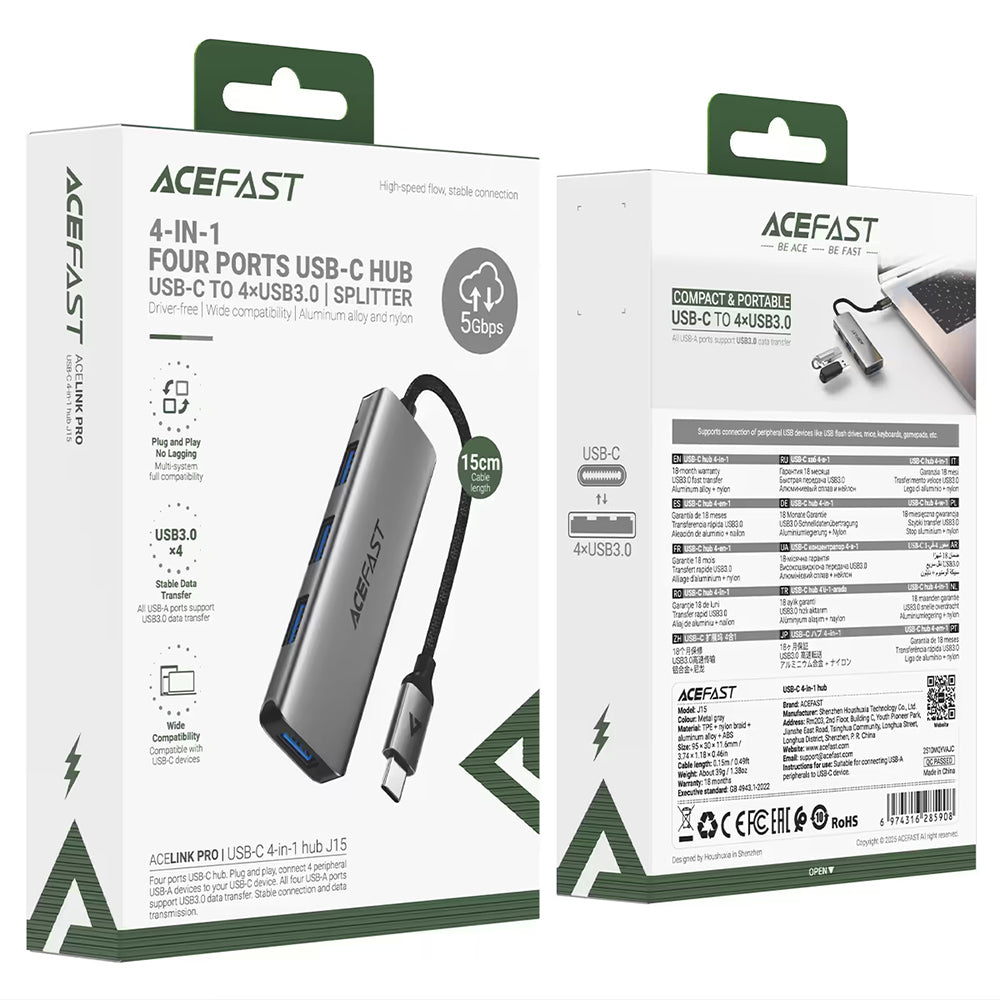 Hub USB-C Acefast J15, 4in1, Grå