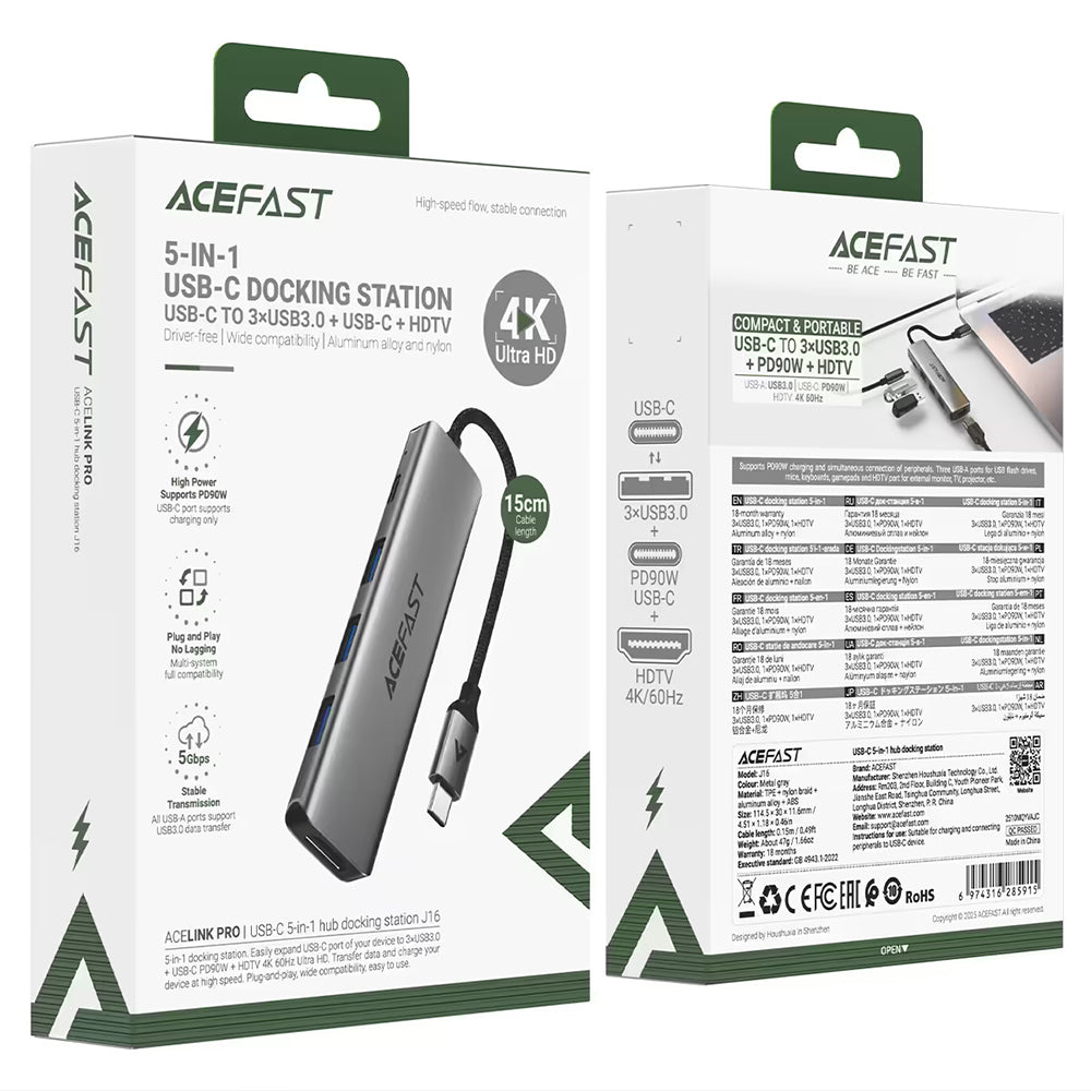 Hub USB-C Acefast J16, 5-i-1, Grå