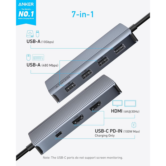 Hub USB-C Anker, 1 x USB-A 3.2 - 3 x USB-A - 1 x USB-C - 2 x HDMI, Grå A83740A2