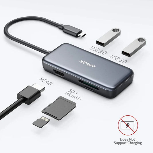 Hub USB-C Anker, 2 x USB-A 3.0 - 1 x HDMI - 1 x SD - 1 x microSD, Svart A8334HA1