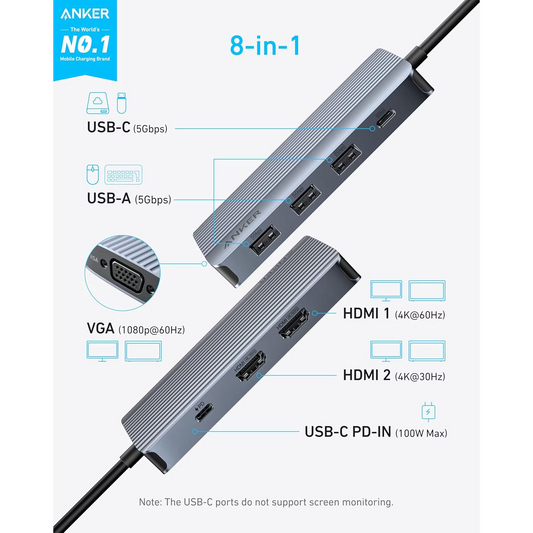 Hub USB-C Anker, 3 x USB-A 3.0 - 2 x USB-C - 2 x HDMI - 1 x VGA, Grå A83790A2