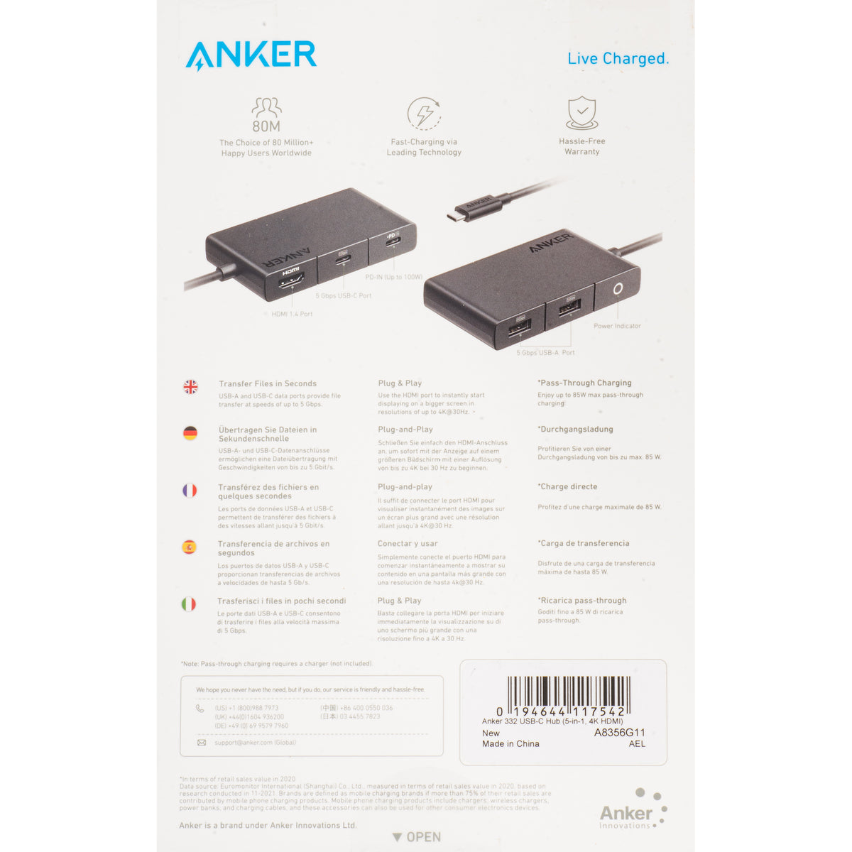 USB-C-hub Anker 332, 2 x USB-A - 2 x USB-C - 1 x HDMI, Svart A8356G11