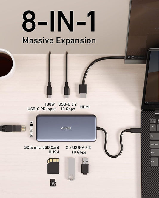 Hub USB-C Anker 555, 2 x USB-A 3.2 - 2 x USB-C - 1 x HDMI - 1 x RJ45 - 1 x SD - 1 x microSD, Grå A83830A2