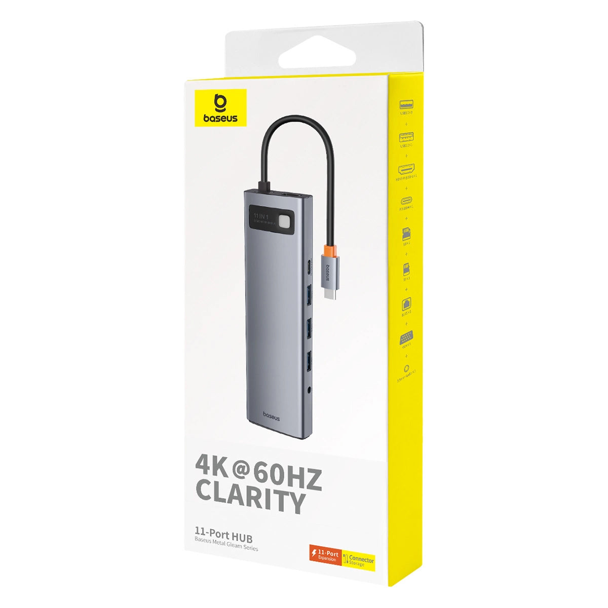 Hub USB-C Baseus Metal Gleam, 3 x USB-A 3.0 - 1 x USB-A - 1 x USB-C - 1 x HDMI - 1 x VGA - 1 x Jack 3.5mm - 1 x RJ45 - 1 x SD - 1 x microSD, Grå