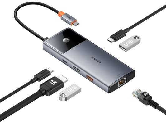USB-C-hub Baseus Metal Gleam II, 2 x USB-A - 2 x USB-C - 1 x HDMI - 1 x RJ45, Grå B00061802813-00