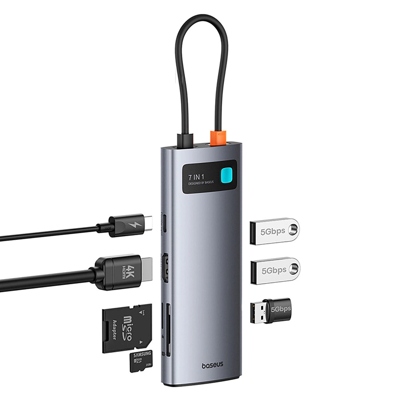 Hub USB-C Baseus Metal Gleam, 3 x USB-A 3.0 - 1 x USB-C - 1 x HDMI - 1 x SD - 1 x microSD, Grå B00030708811-01