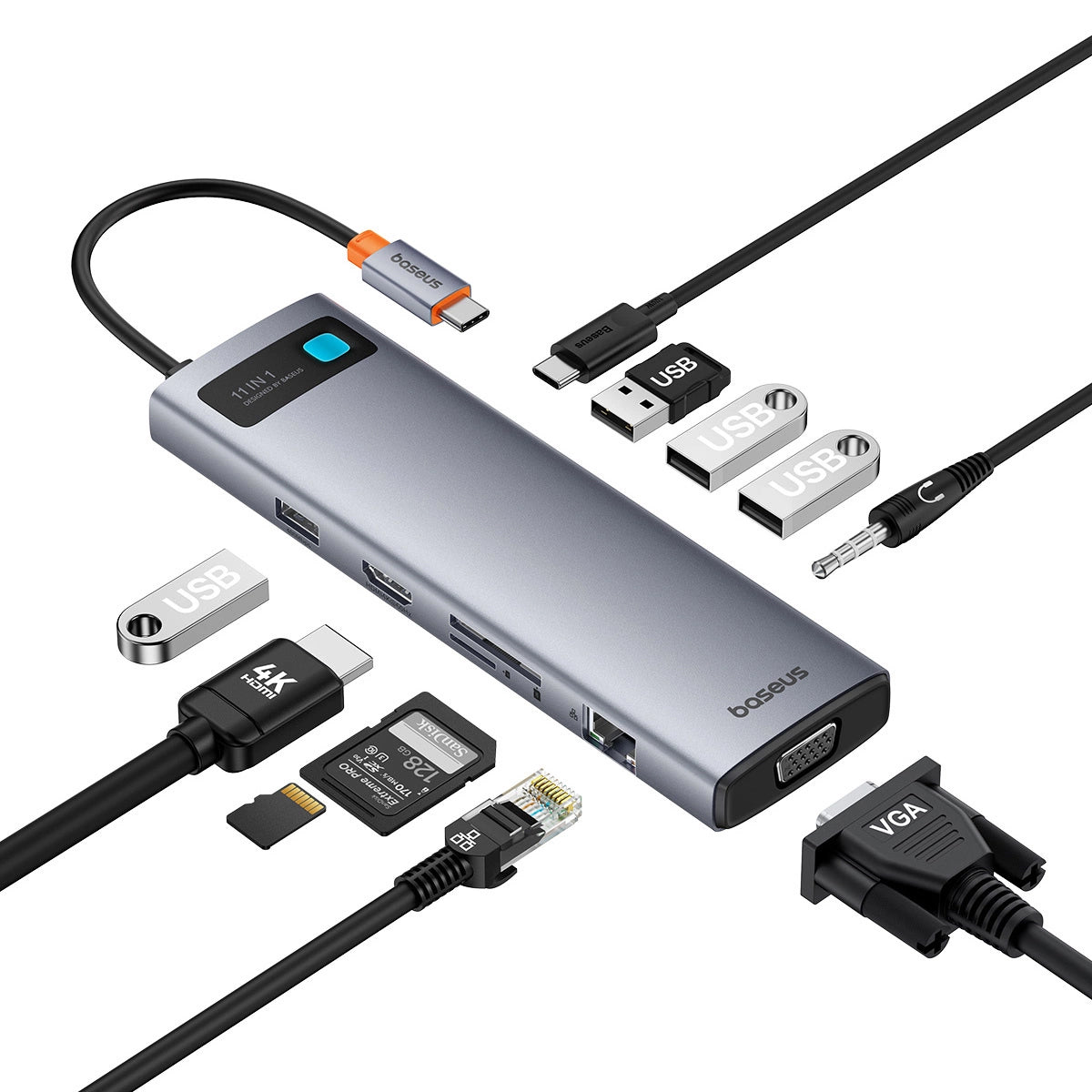 Hub USB-C Baseus Metal Gleam, 3 x USB-A 3.0 - 1 x USB-A - 1 x USB-C - 1 x HDMI - 1 x VGA - 1 x Jack 3.5mm - 1 x RJ45 - 1 x SD - 1 x microSD, Grå