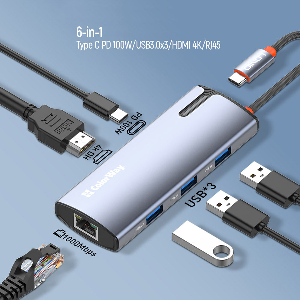 Hub USB-C ColorWay CW-HUB02, 6in1, Sølv