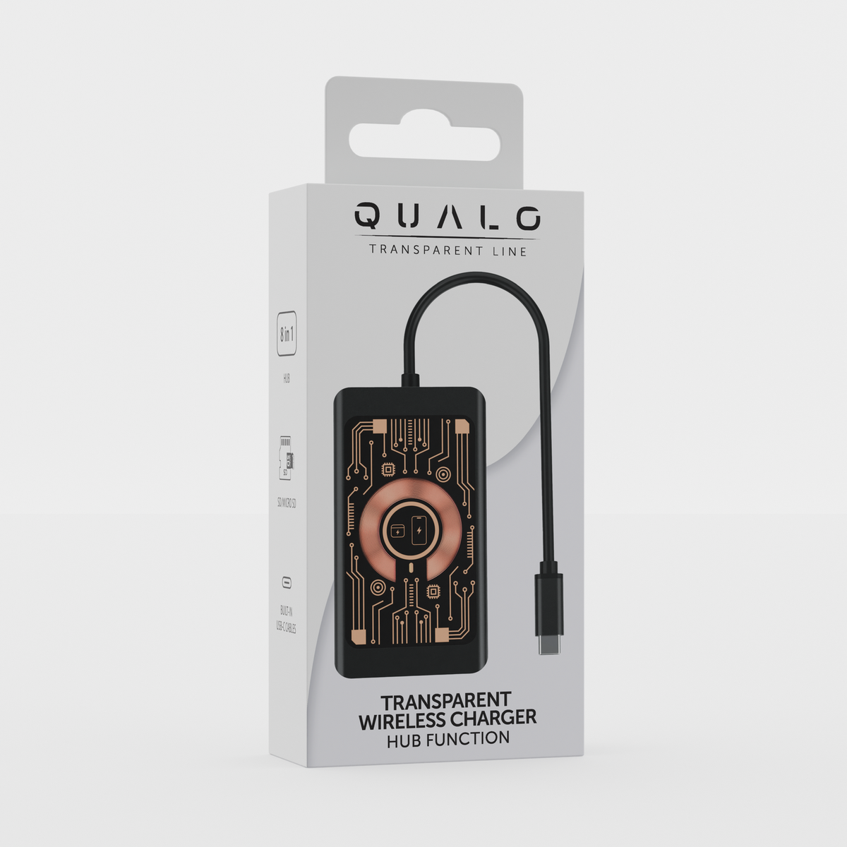 USB-C-hub med trådløs QI-lading Qualo QTPB5-HUB-18, 9i1, Grå