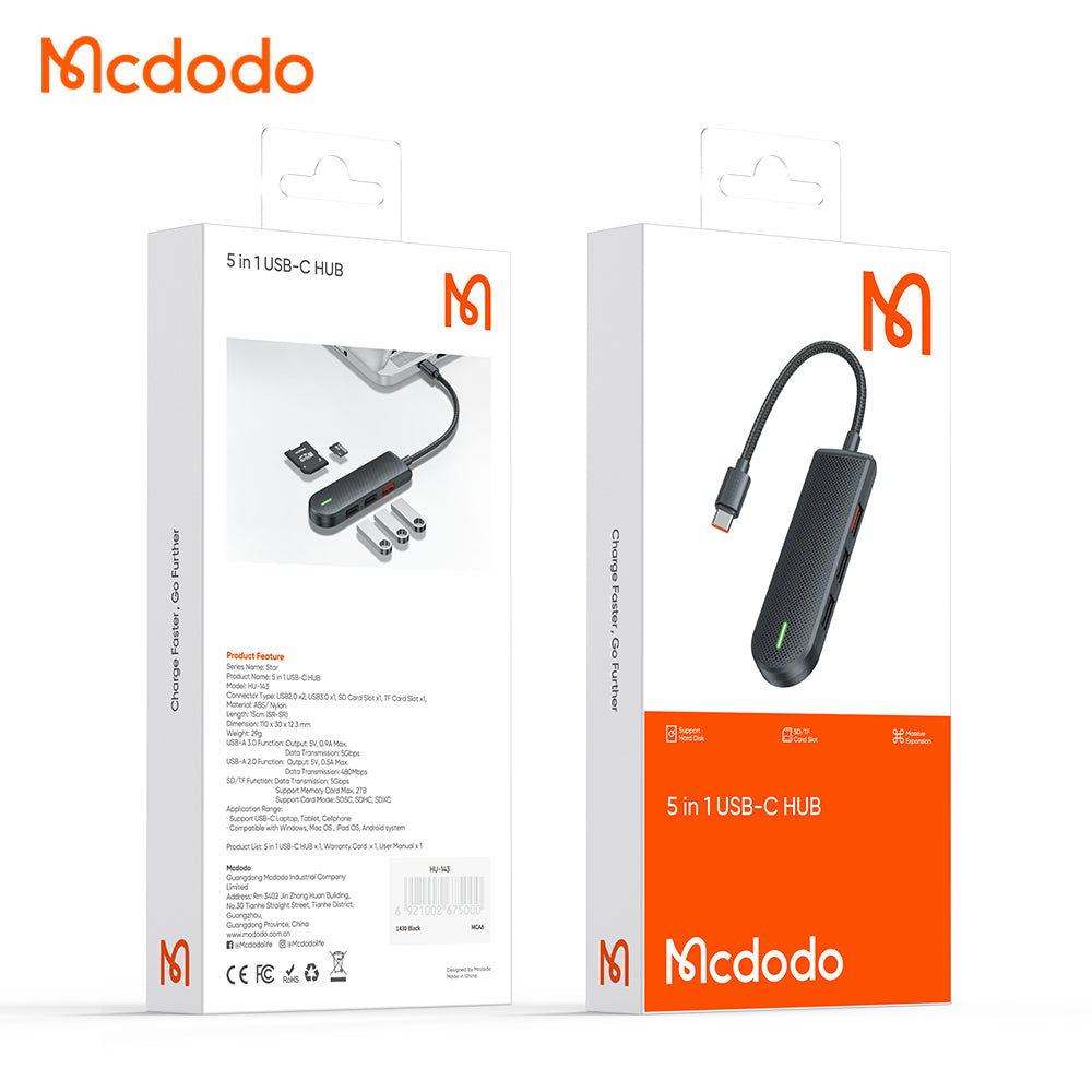 Hub USB-C McDodo HU-1430 Star, 5in1, Svart