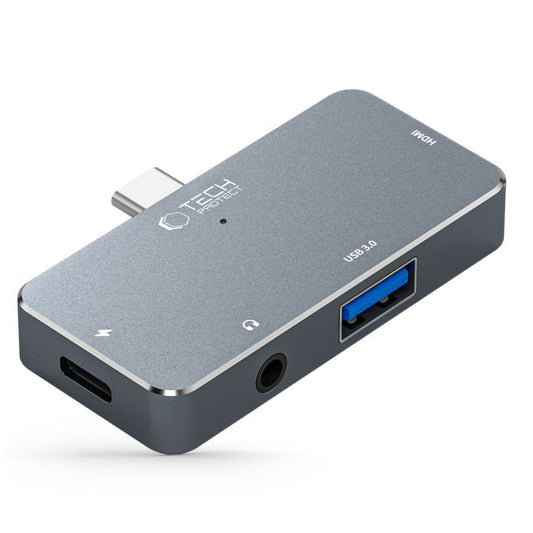 Hub USB-C Tech-Protect V6, 1 x USB-A - 1 x USB-C - 1 x HDMI - 1 x Jack 3,5 mm, grå