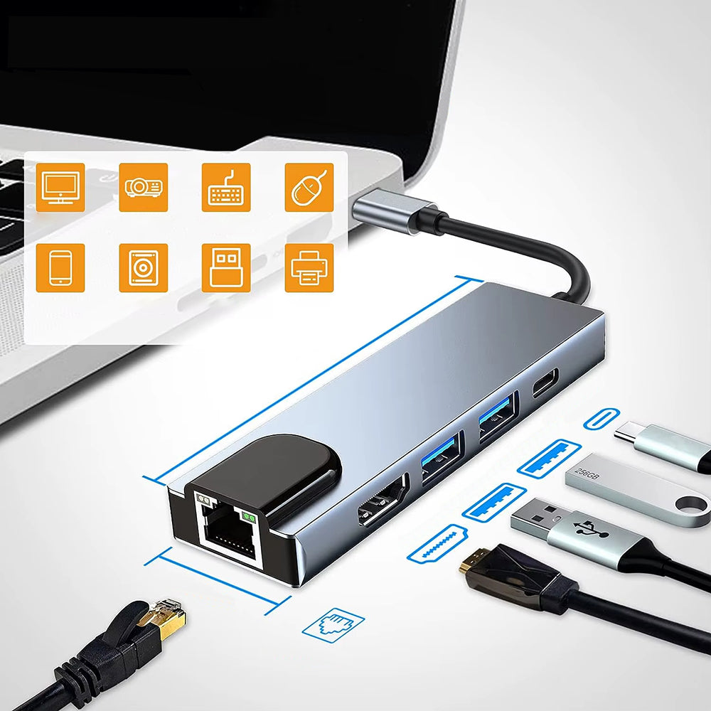 Hub USB-C Techsuit H1 NetBridge, 5in1, Grå