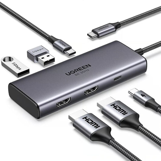 Hub USB-C UGREEN CM498 (15852), 2 x USB-A 3.0 - 2 x USB-C - 2 x HDMI, Grå