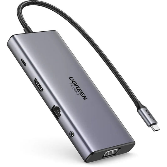 Hub USB-C UGREEN CM639 (45520), 2 x USB-A 3.2 - 3 x USB-C - 1 x HDMI - 1 x VGA - 1 x Jack 3.5mm - 1 x RJ45 - 1 x SD - 1 x microSD, Grå