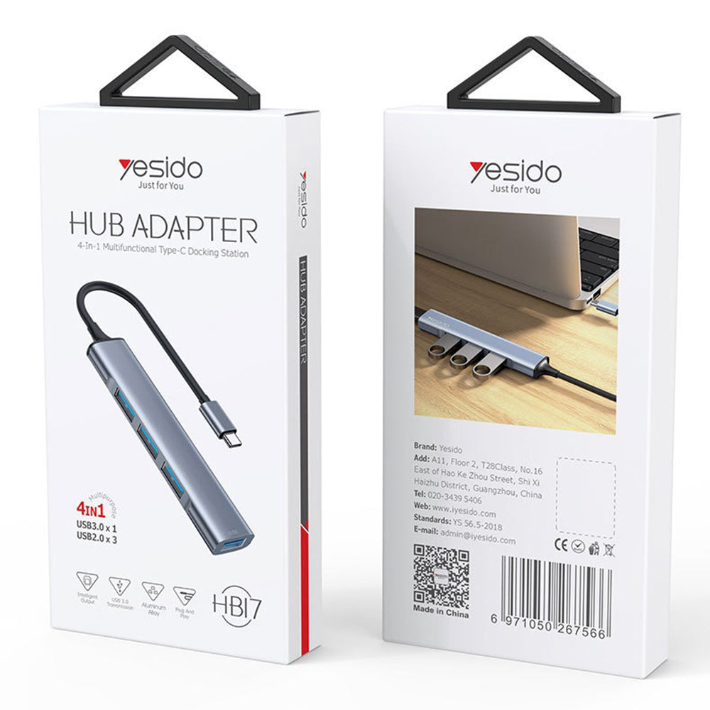 Hub USB-C Yesido HB17, 4in1, Grå
