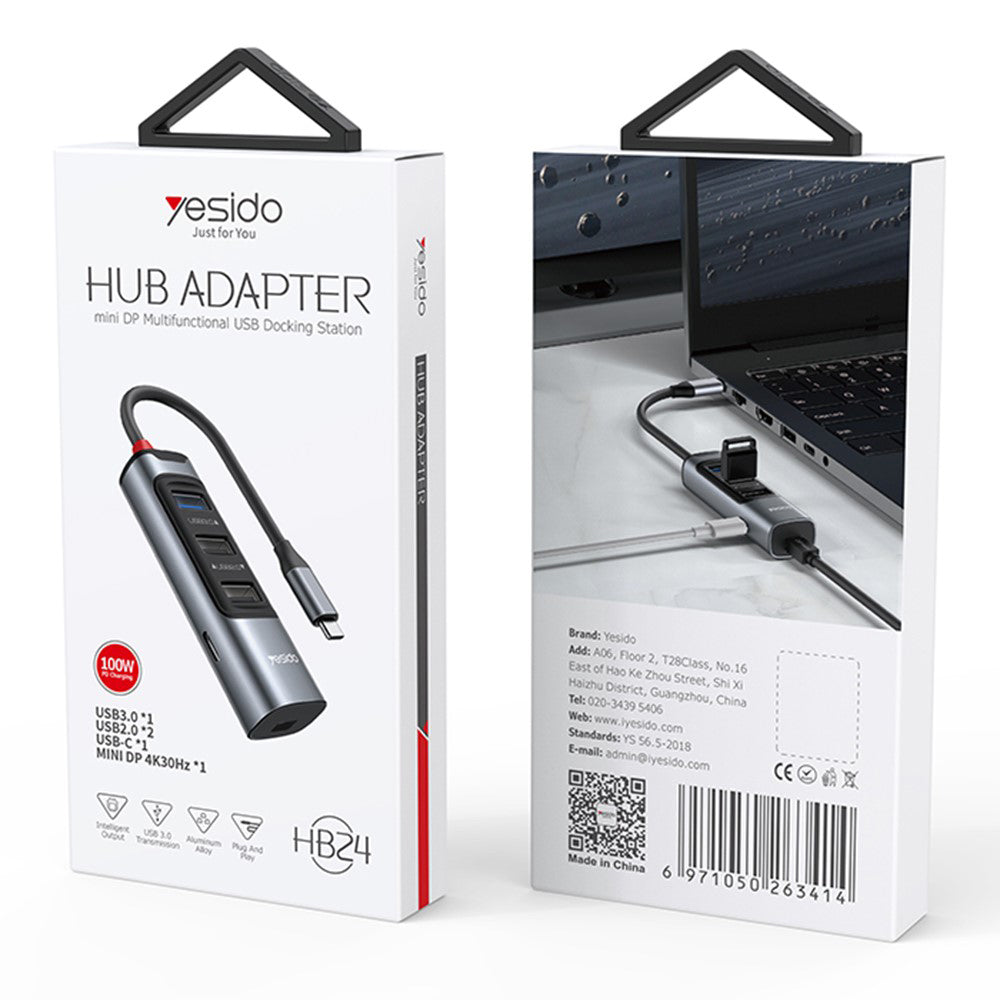 Hub USB-C Yesido HB24, 5in1, Grå