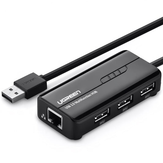 USB-hub UGREEN 20264, 3 x USB-A - 1 x RJ45, svart