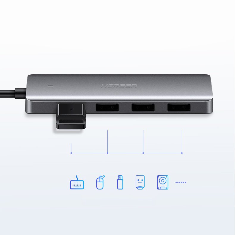 Hub USB UGREEN CM219, 4 x USB-A 3.0 - 1 x USB-C, Grå