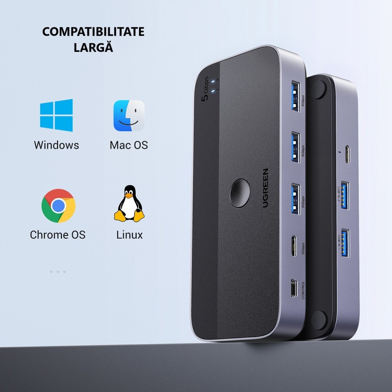 Switch USB UGREEN CM662, 3 x USB-A 3.0 - 1 x USB-C - 1 x miniUSB, Svart