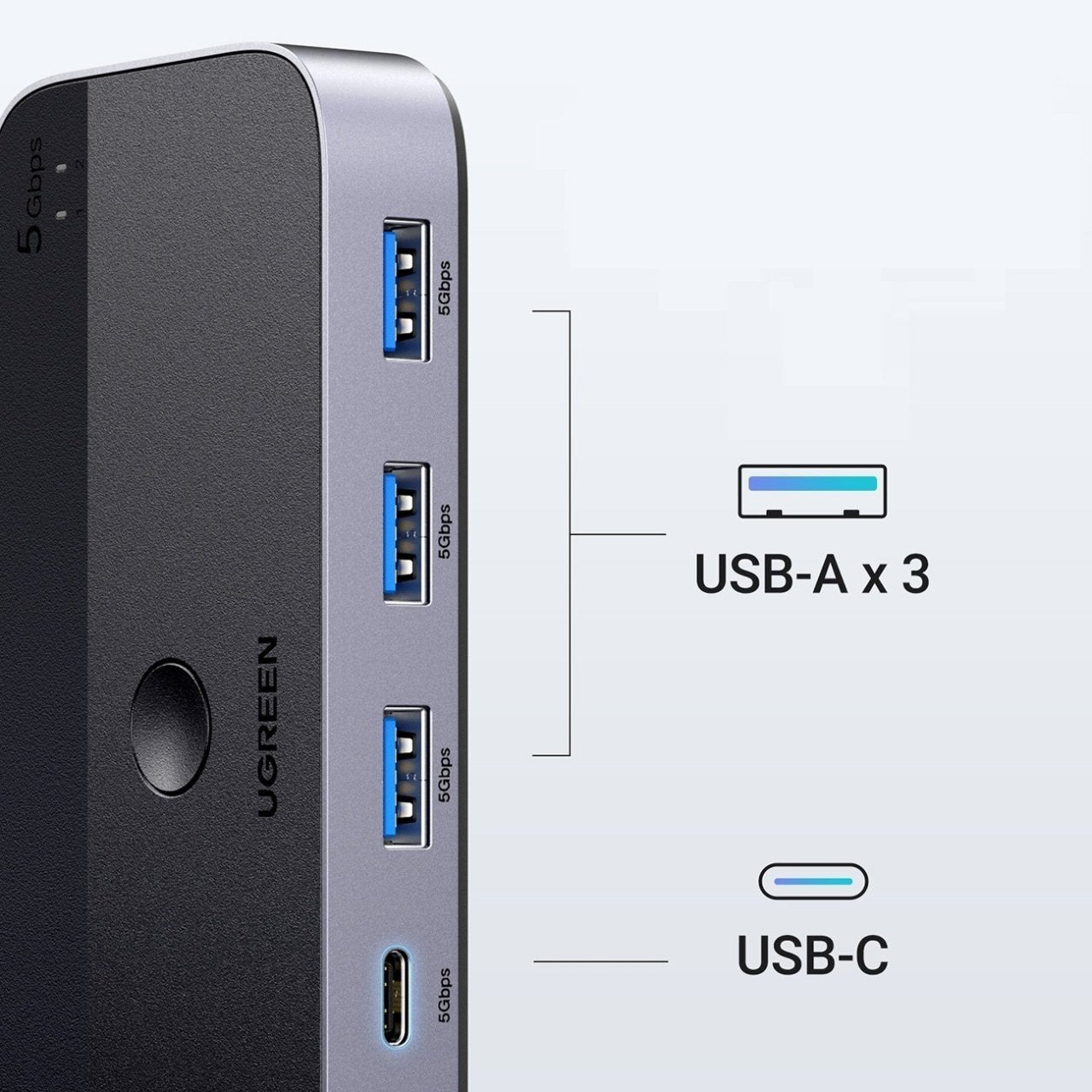 Switch USB UGREEN CM662, 3 x USB-A 3.0 - 1 x USB-C - 1 x miniUSB, Svart