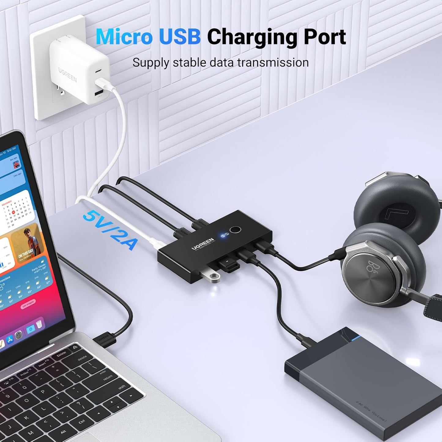 USB-hub UGREEN US216 Two Sharing Switch Box, 4 x USB-A, svart