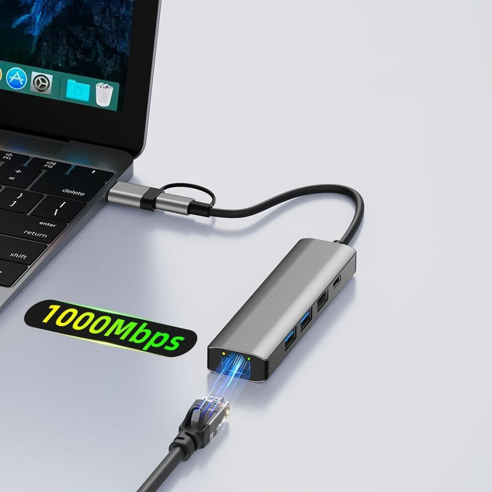USB-hub / USB-C Techsuit H3 BoostNetLink, 5-i-1, Grå