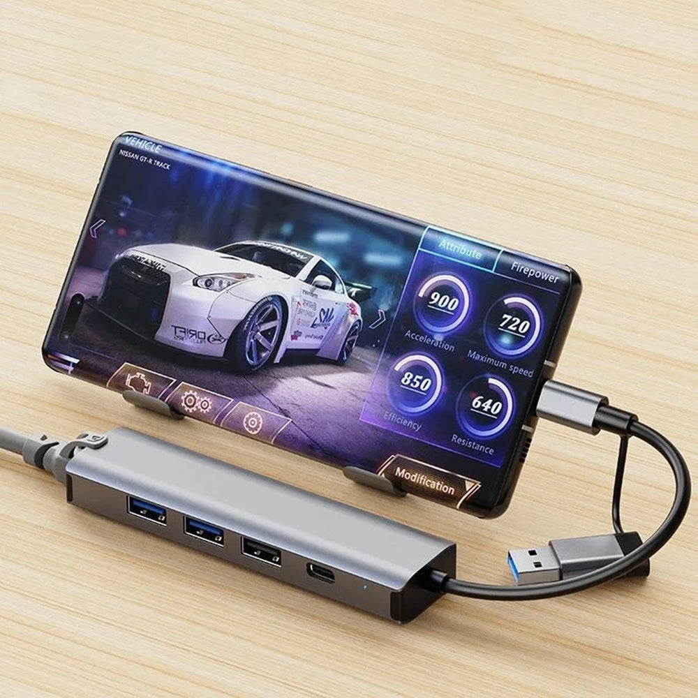 USB-hub / USB-C Techsuit H3 BoostNetLink, 5-i-1, Grå