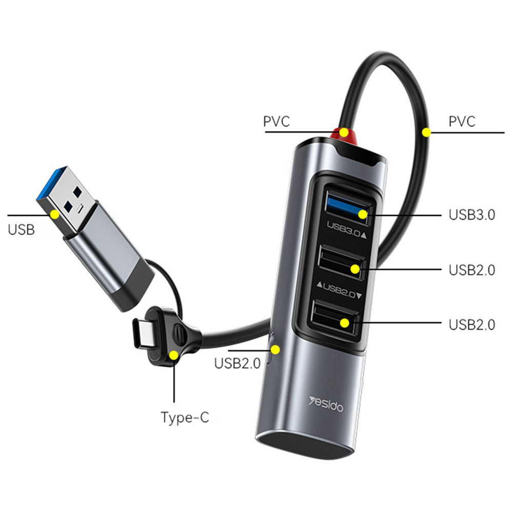 USB / USB-C-hub Yesido HB19, 4-i-1, Grå