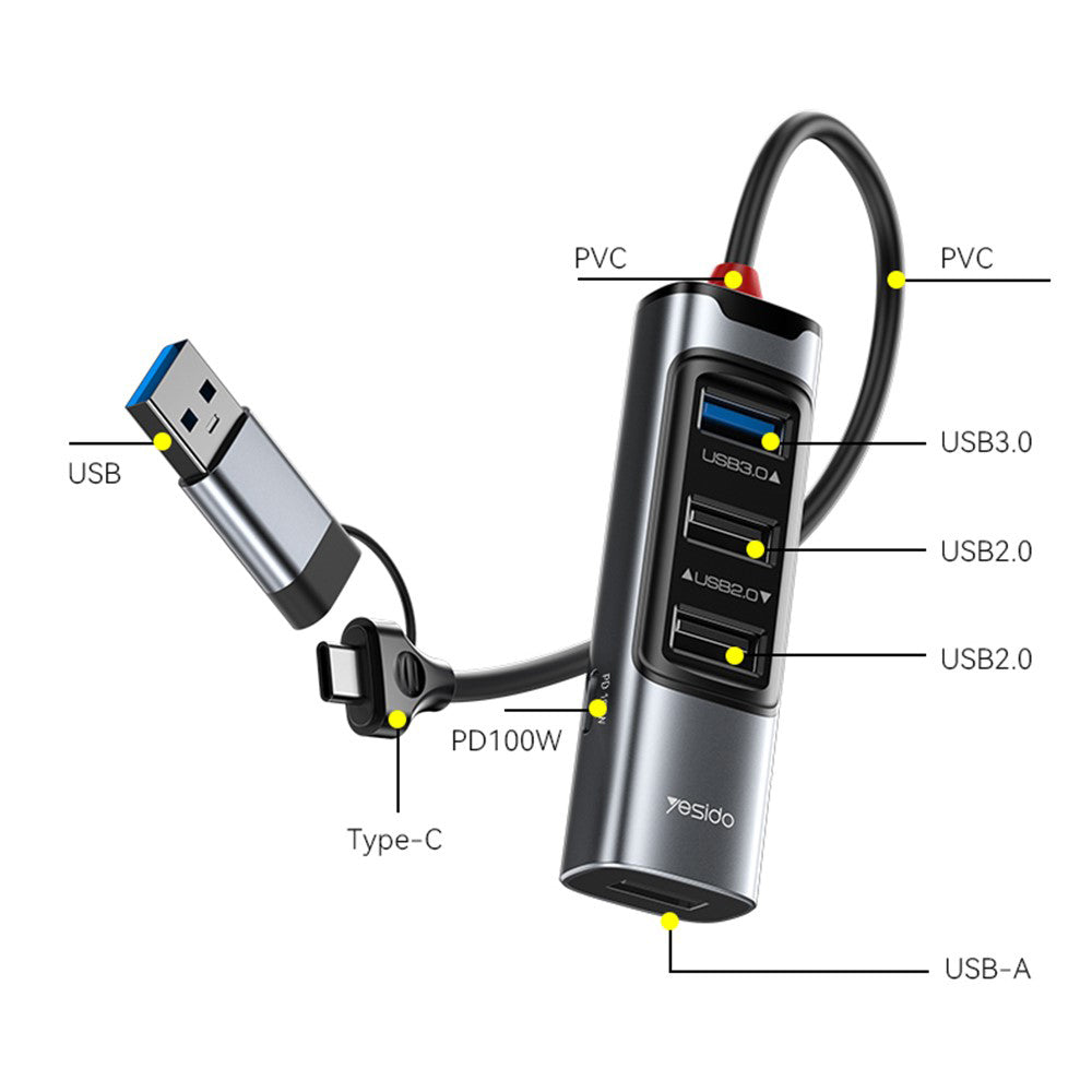 USB / USB-C-hub Yesido HB20, 5i1, Grå