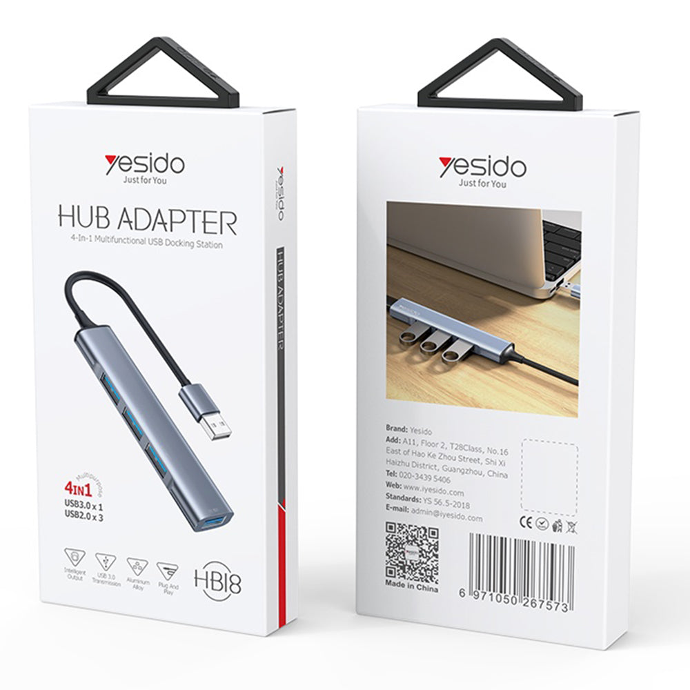 USB-hub Yesido HB18, 4i1, Grå