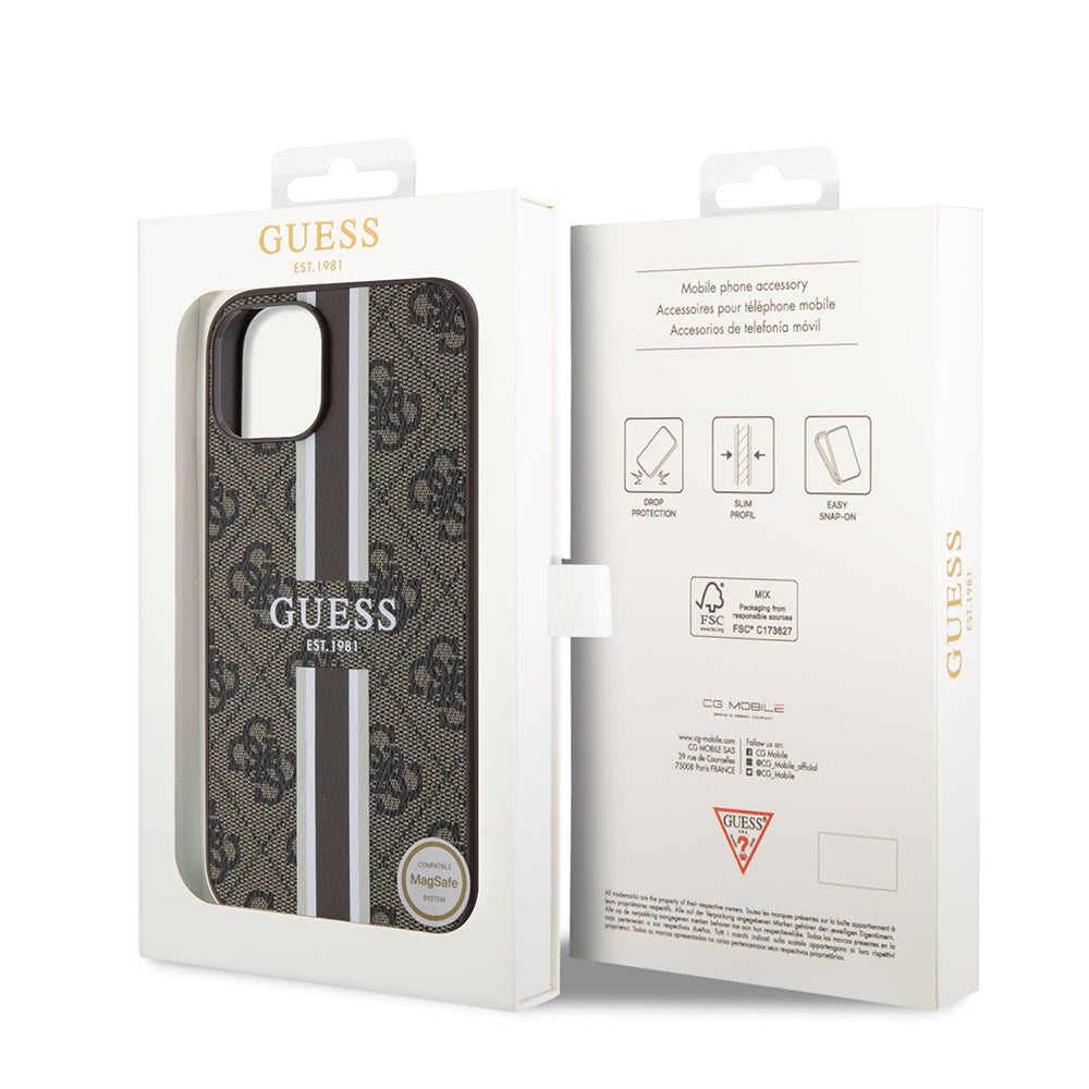 MagSafe-deksel for Apple iPhone 15, Guess, 4G Printed Stripes, Brun