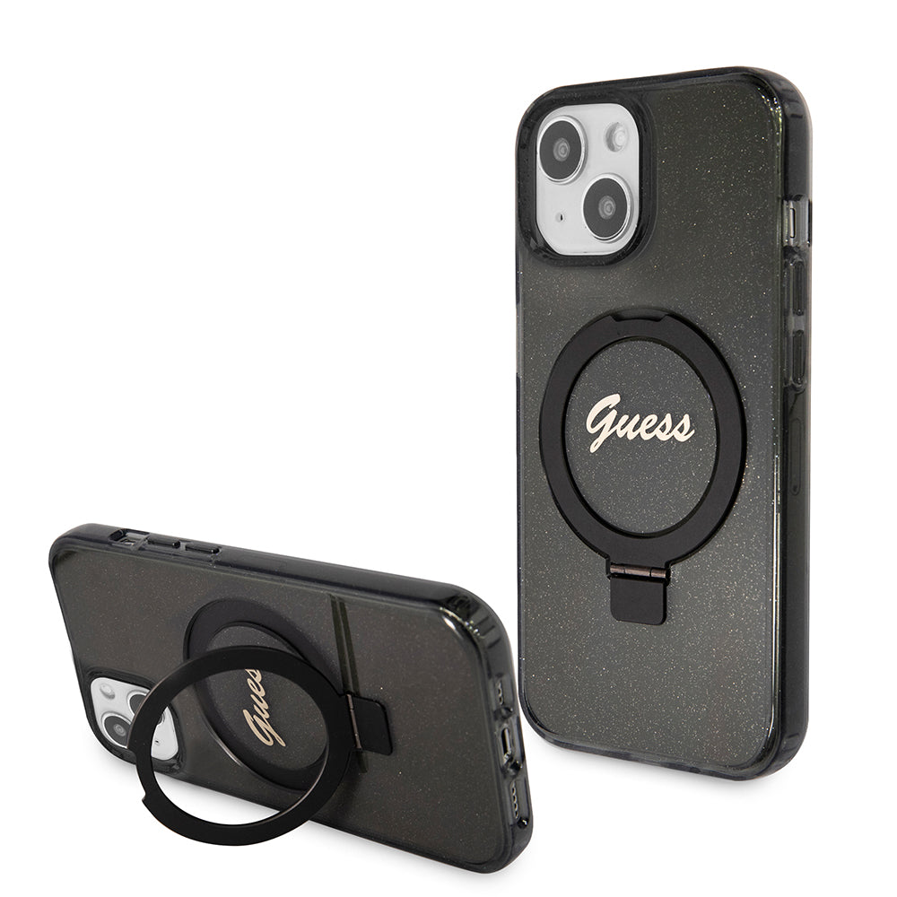 MagSafe-deksel for Apple iPhone 15, Guess, Ring Stand Script Glitter, Svart